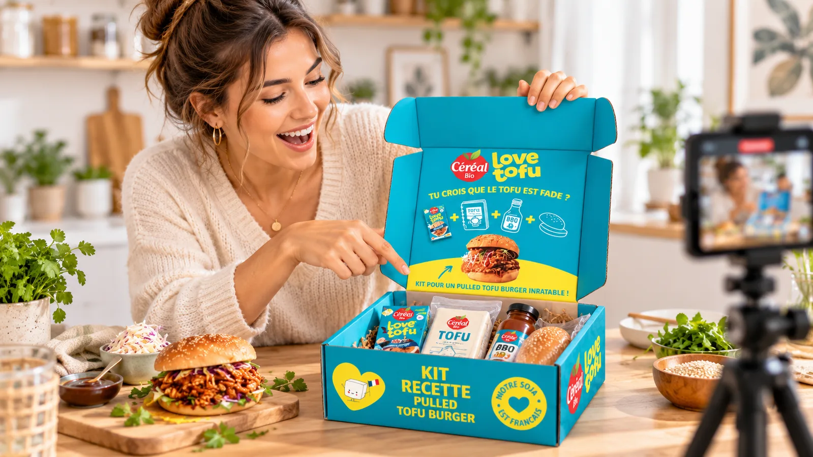 Influenceuse en cuisine qui ouvre le coffret carton Céréal Bio Love Tofu, kit recette pulled tofu burger filmé au smartphone