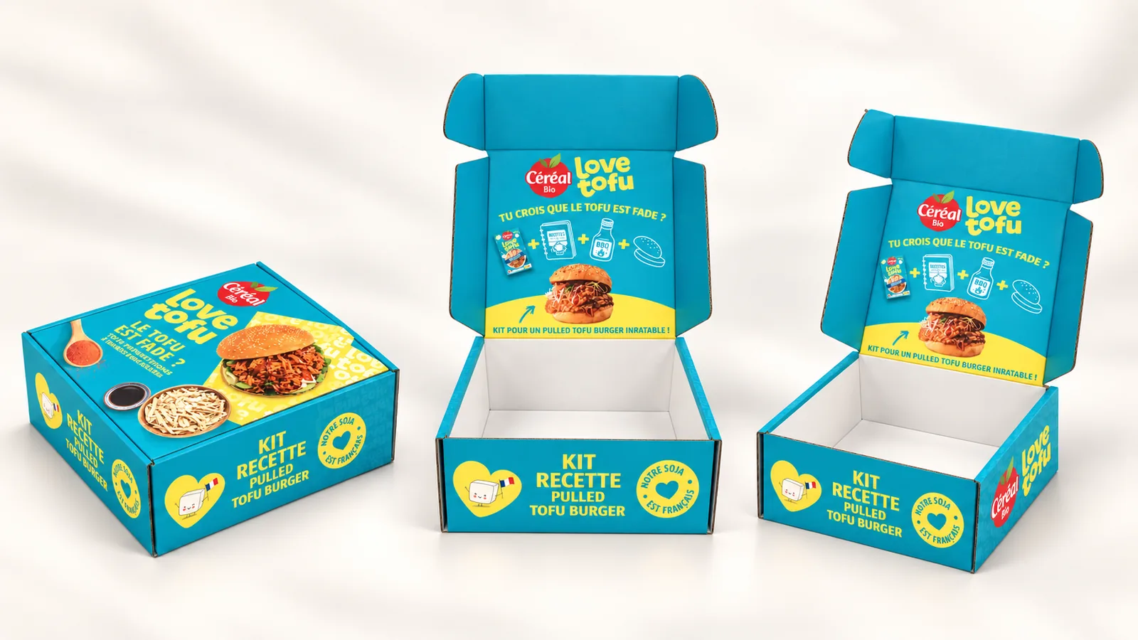 Trois vues du coffret carton Céréal Bio « Love Tofu » : fermé, ouvert de face et ouvert de trois quarts