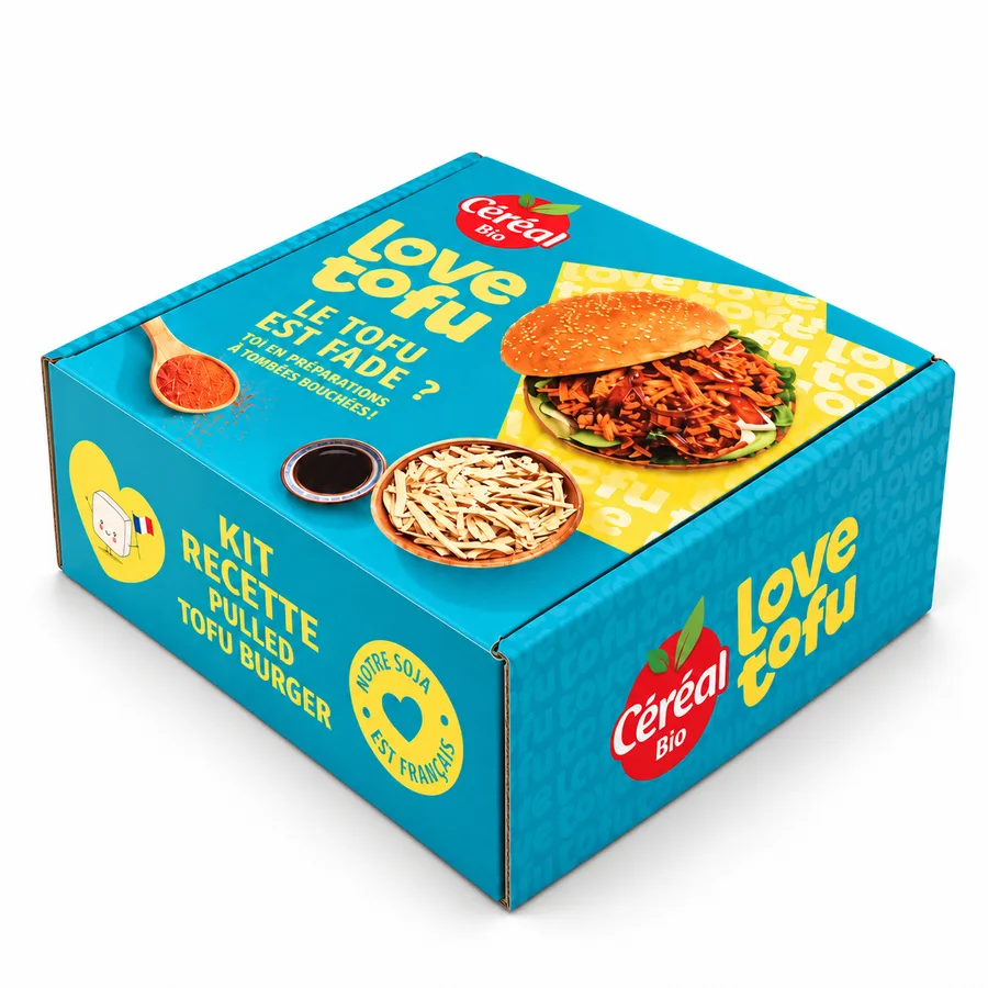 Coffret carton Céréal Bio Love Tofu fermé, visuel pulled tofu burger sur le couvercle