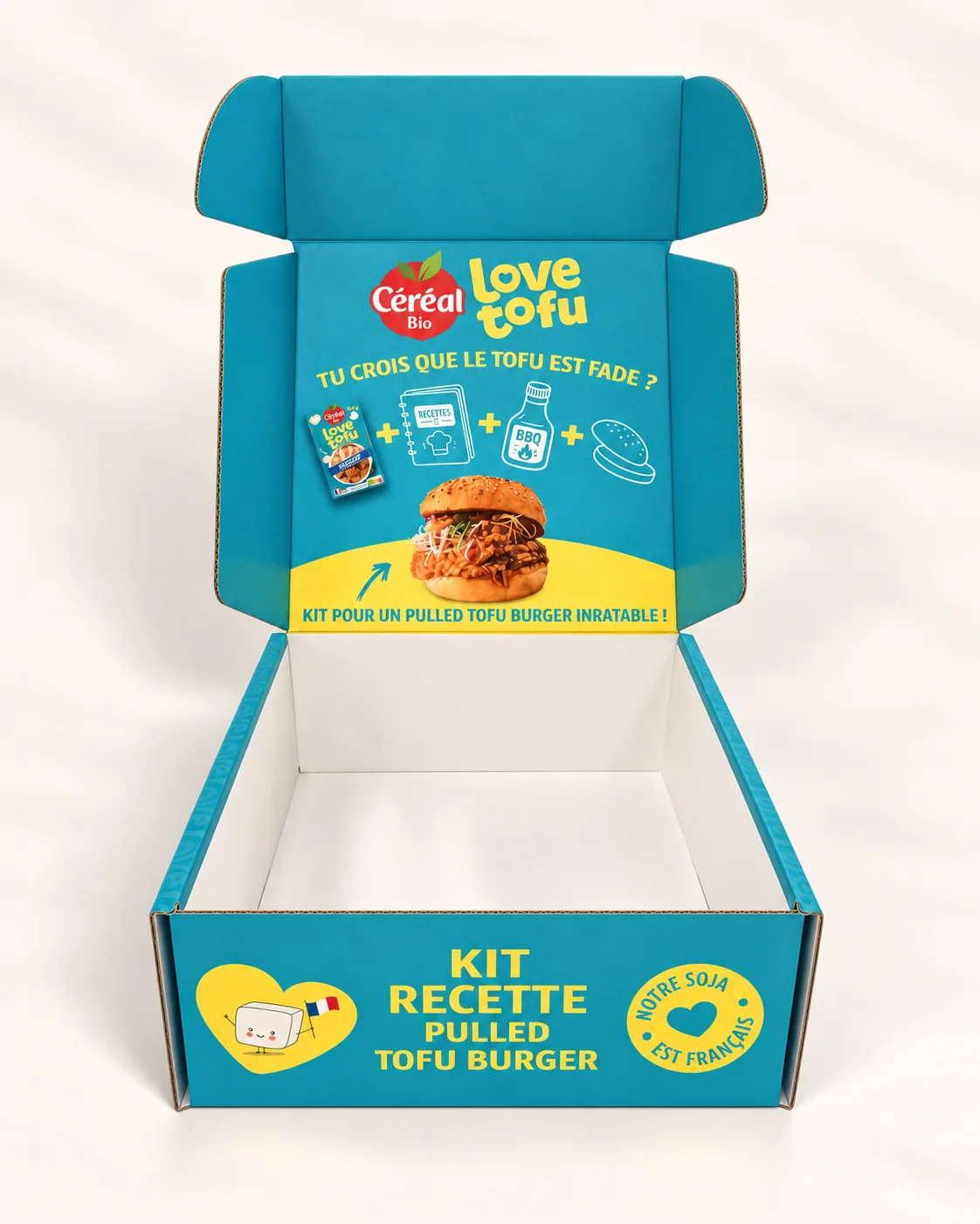 Coffret Céréal Bio « Love Tofu » ouvert vu de face : intérieur du couvercle imprimé avec la composition du kit recette