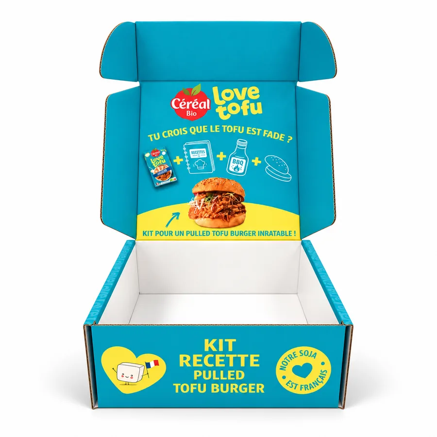 Coffret Love Tofu ouvert : accroche, pictogrammes et recette imprimés dans le couvercle