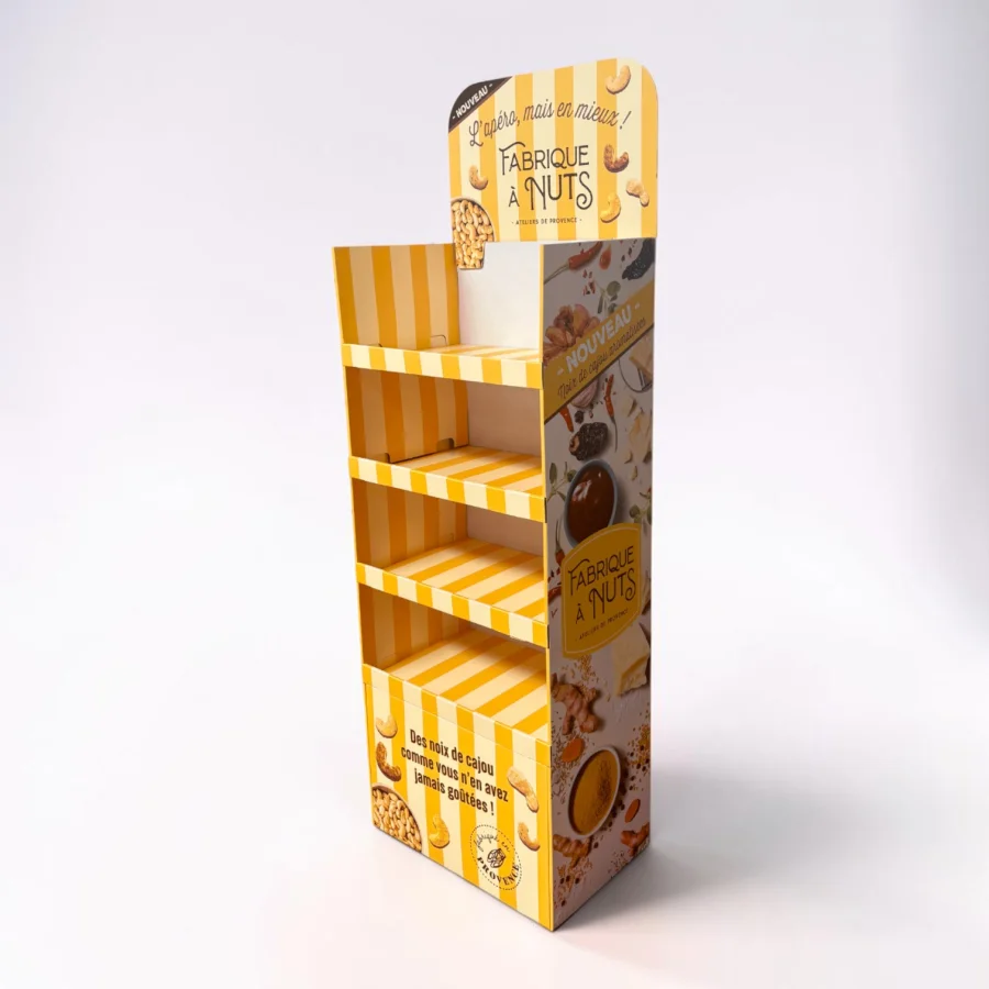 Box quart de palette Fabrique à Nuts en carton, livré monté, quatre étagères et fronton