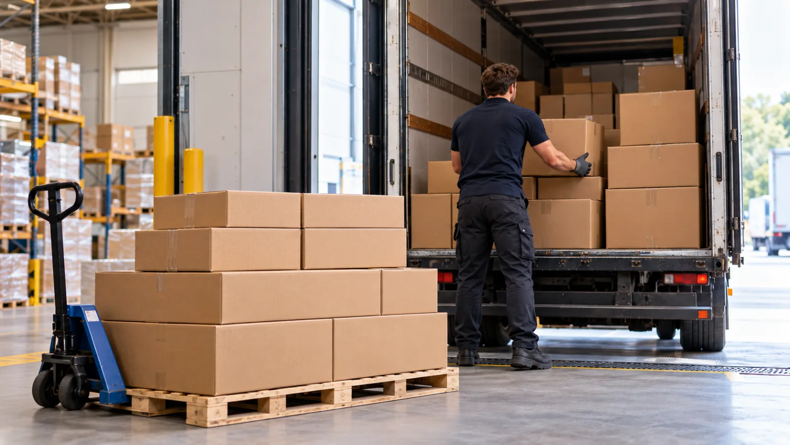 Chargement de cartons sur un quai logistique : transpalette chargé et opérateur dans un camion