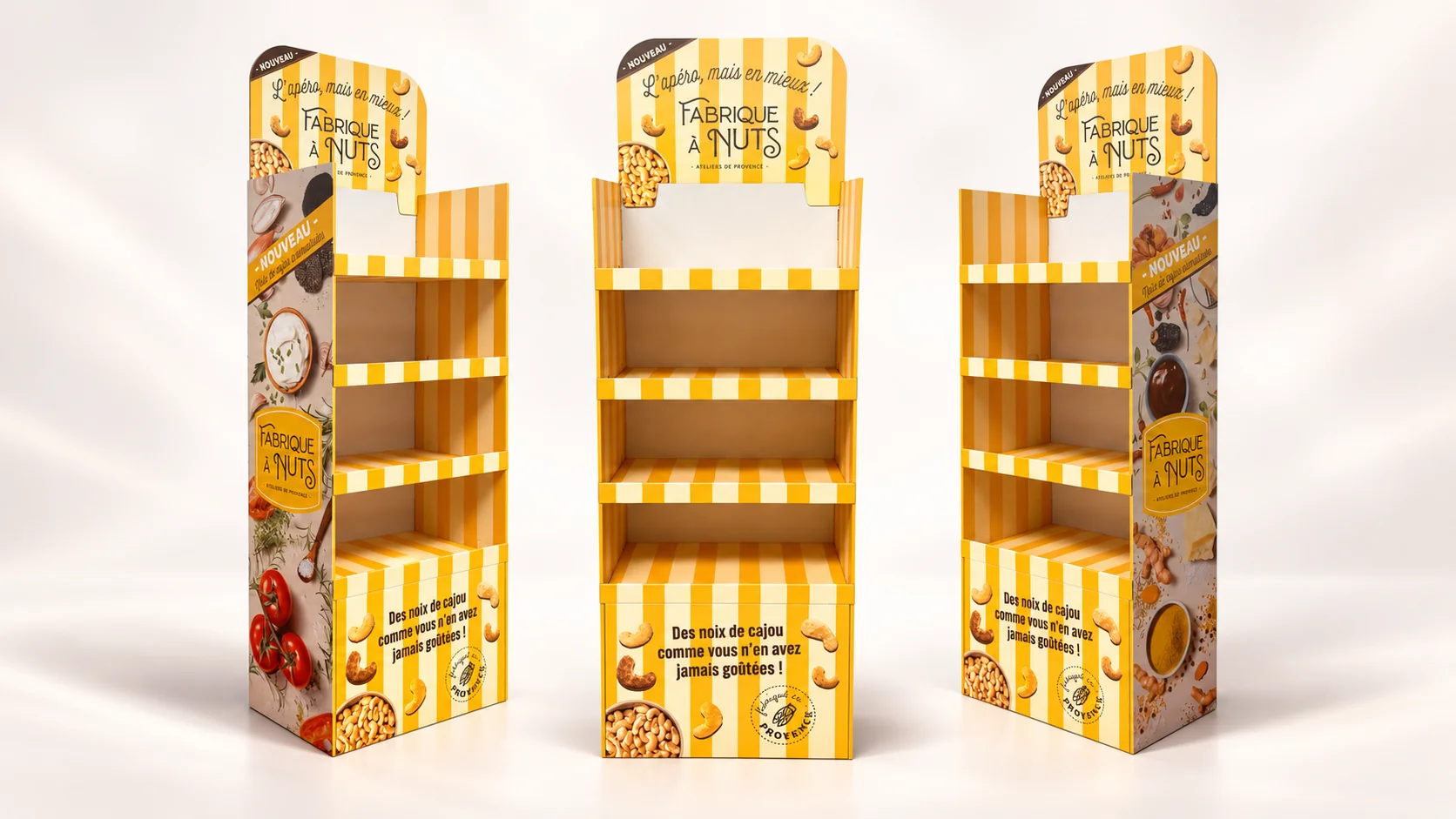 Trois vues du box quart de palette Fabrique à Nuts (Esprit Gourmand), présentoir carton vu en entier