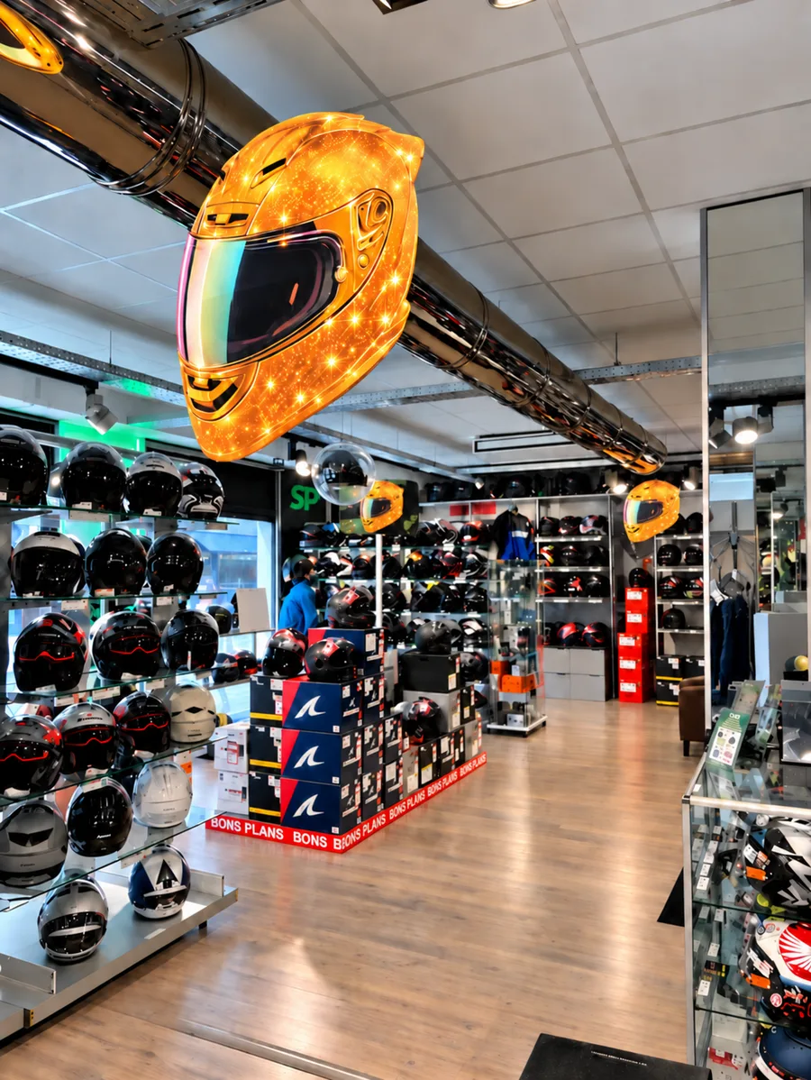 PLV suspendues en forme de casque doré au-dessus des allées d'un magasin Speedway
