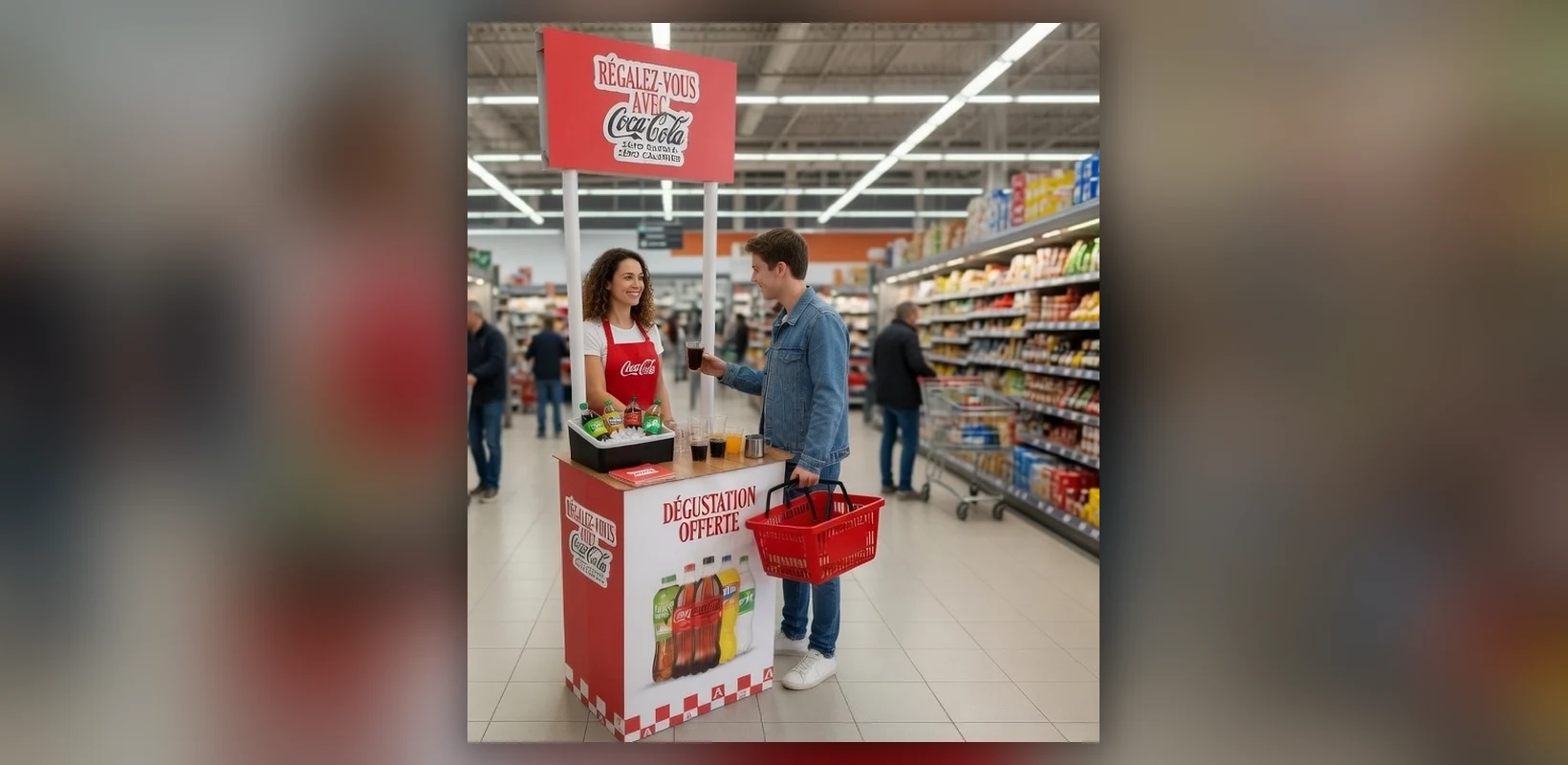 Stand de dégustation Coca-Cola 2 mâts en animation dans une allée de grande surface : une animatrice fait goûter la recette zéro sucres à un client