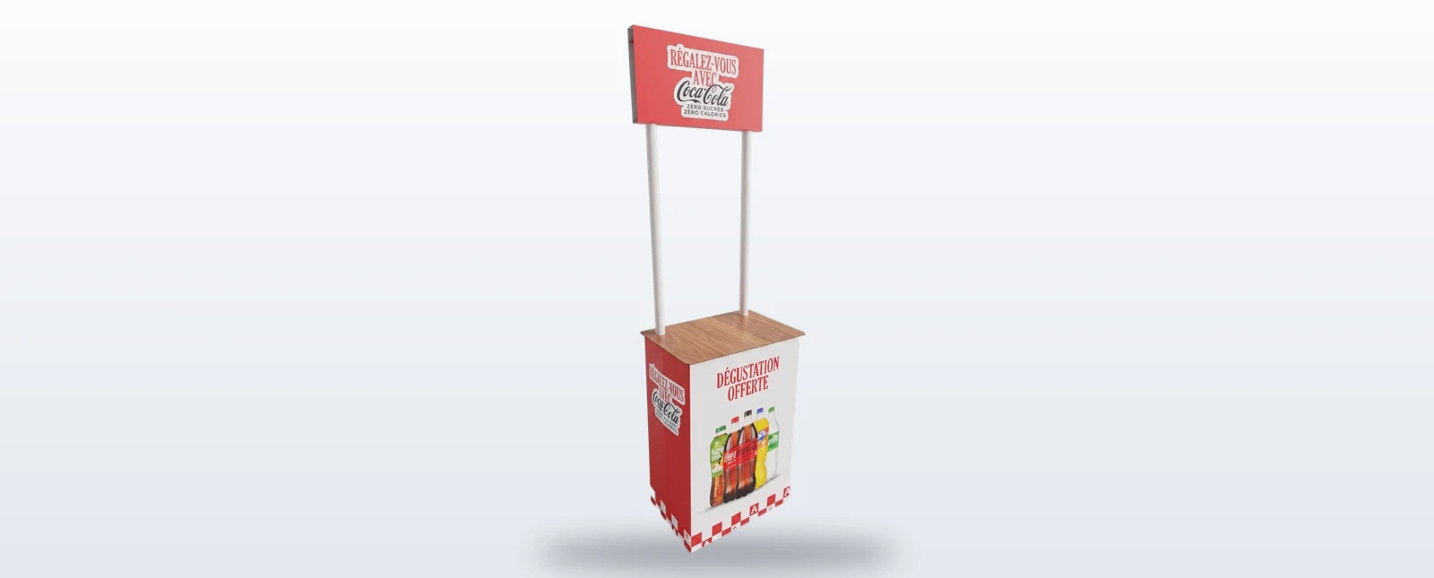 Stand de dégustation 2 mâts vu en pied : ceinture imprimée, plateau effet bois et fronton porté par deux mâts blancs
