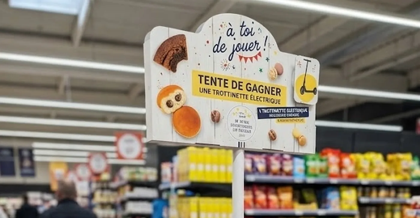 Fronton sur mât 100 % carton Pasquier « À toi de jouer » déployé en hauteur dans un rayon de grande surface pour le jeu-concours